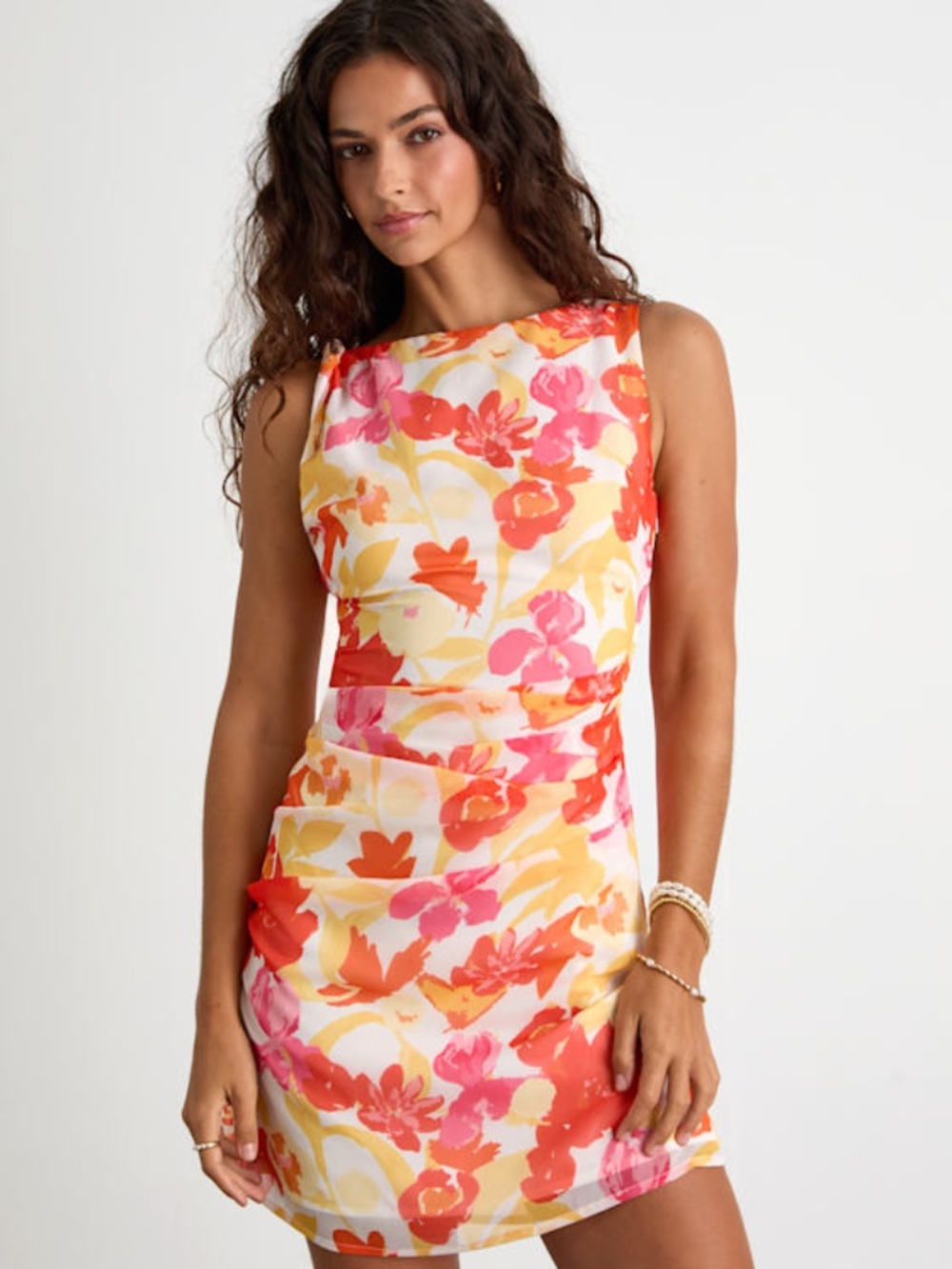 Lulus Roanes Orange Floral Boat Neck Pleated Mini Dress - Size S